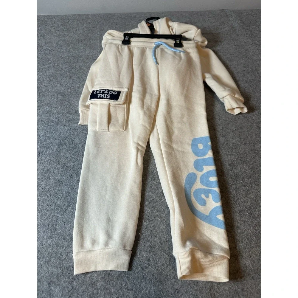 Toddler 4T Bluey 2-Piece Fleece Cotton Sweatsuit Set Hoodie & Pants Cream New